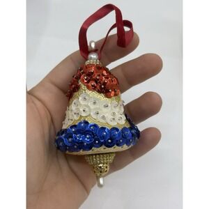 VTG Christmas Ornament R W & B Bell Sequins Push Pins Very Well Made